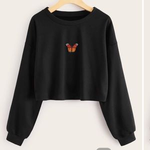 Red orange black butterfly long sleeve crop top